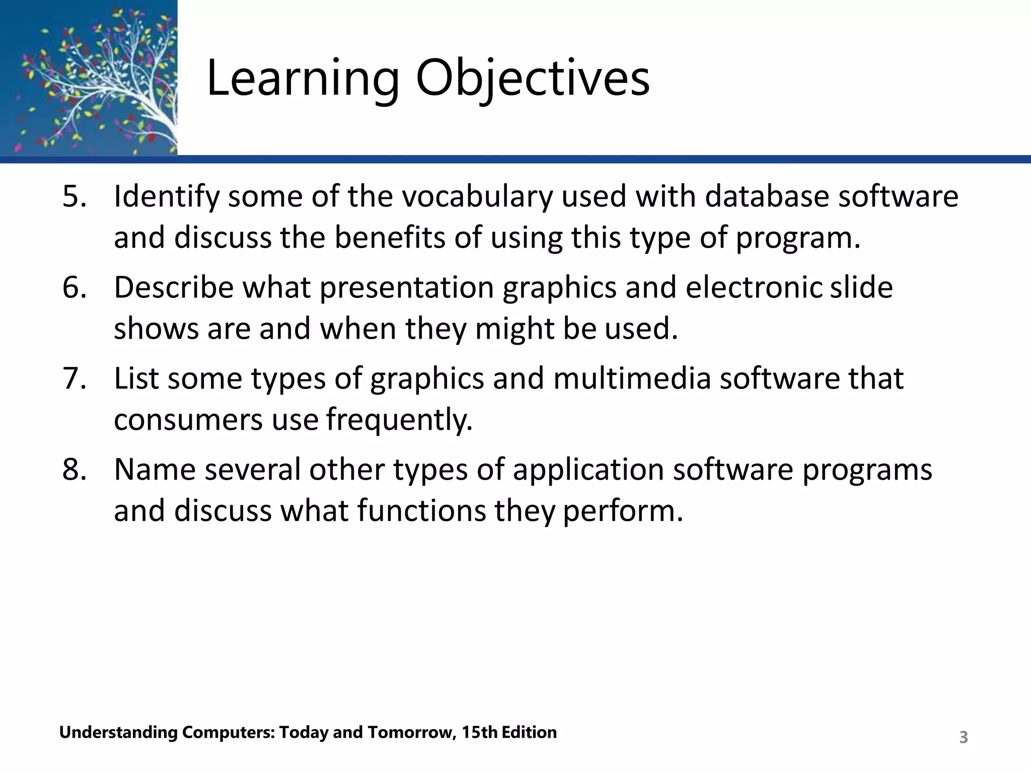 Learning Objectives
Understanding Computers: Today and Tomorrow, 15th Edition 3
5. Identify some of the vocabulary used with database software
and discuss the benefits of using this type of program.
6. Describe what presentation graphics and electronic slide
shows are and when they might be used.
7. List some types of graphics and multimedia software that
consumers use frequently.
8. Name several other types of application software programs
and discuss what functions they perform.
 