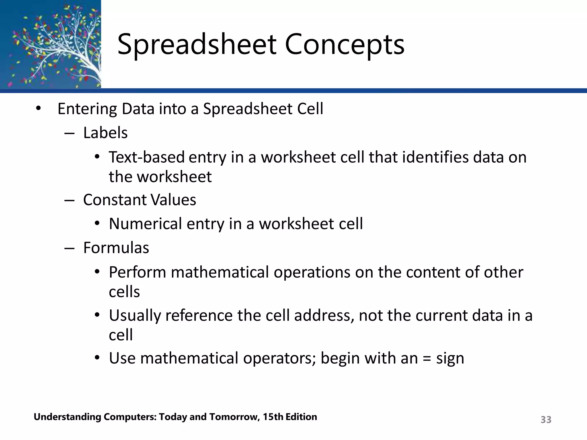 Spreadsheet Concepts
Understanding Computers: Today and Tomorrow, 15th Edition 33
• Entering Data into a Spreadsheet Cell
– Labels
• Text-based entry in a worksheet cell that identifies data on
the worksheet
– Constant Values
• Numerical entry in a worksheet cell
– Formulas
• Perform mathematical operations on the content of other
cells
• Usually reference the cell address, not the current data in a
cell
• Use mathematical operators; begin with an = sign
 