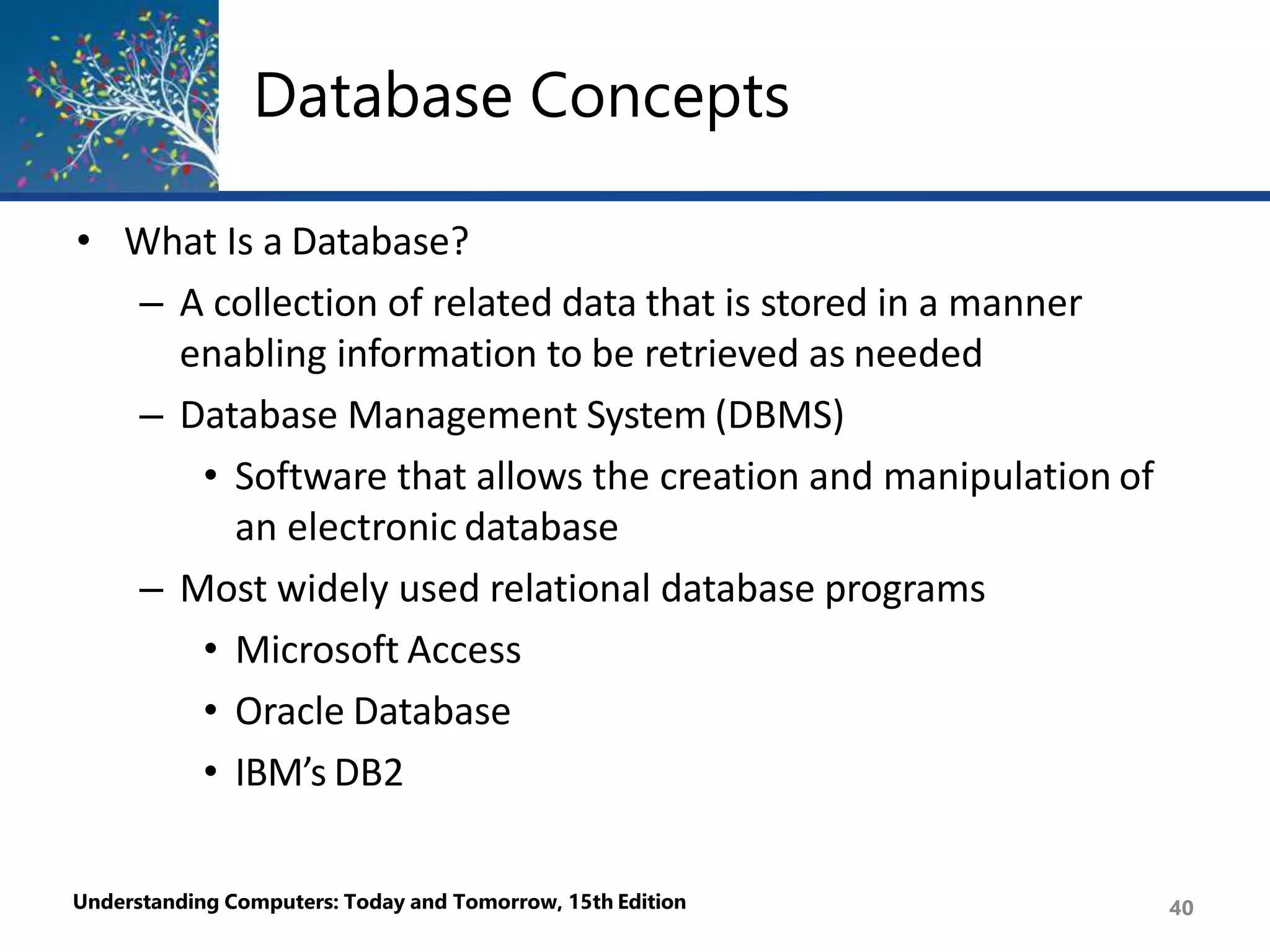 Database Concepts
Understanding Computers: Today and Tomorrow, 15th Edition 40
• What Is a Database?
– A collection of related data that is stored in a manner
enabling information to be retrieved as needed
– Database Management System (DBMS)
• Software that allows the creation and manipulation of
an electronic database
– Most widely used relational database programs
• Microsoft Access
• Oracle Database
• IBM’s DB2
 