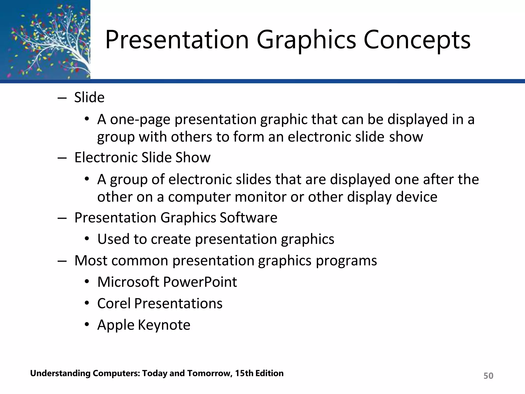Presentation Graphics Concepts
Understanding Computers: Today and Tomorrow, 15th Edition 50
– Slide
• A one-page presentation graphic that can be displayed in a
group with others to form an electronic slide show
– Electronic Slide Show
• A group of electronic slides that are displayed one after the
other on a computer monitor or other display device
– Presentation Graphics Software
• Used to create presentation graphics
– Most common presentation graphics programs
• Microsoft PowerPoint
• Corel Presentations
• Apple Keynote
 