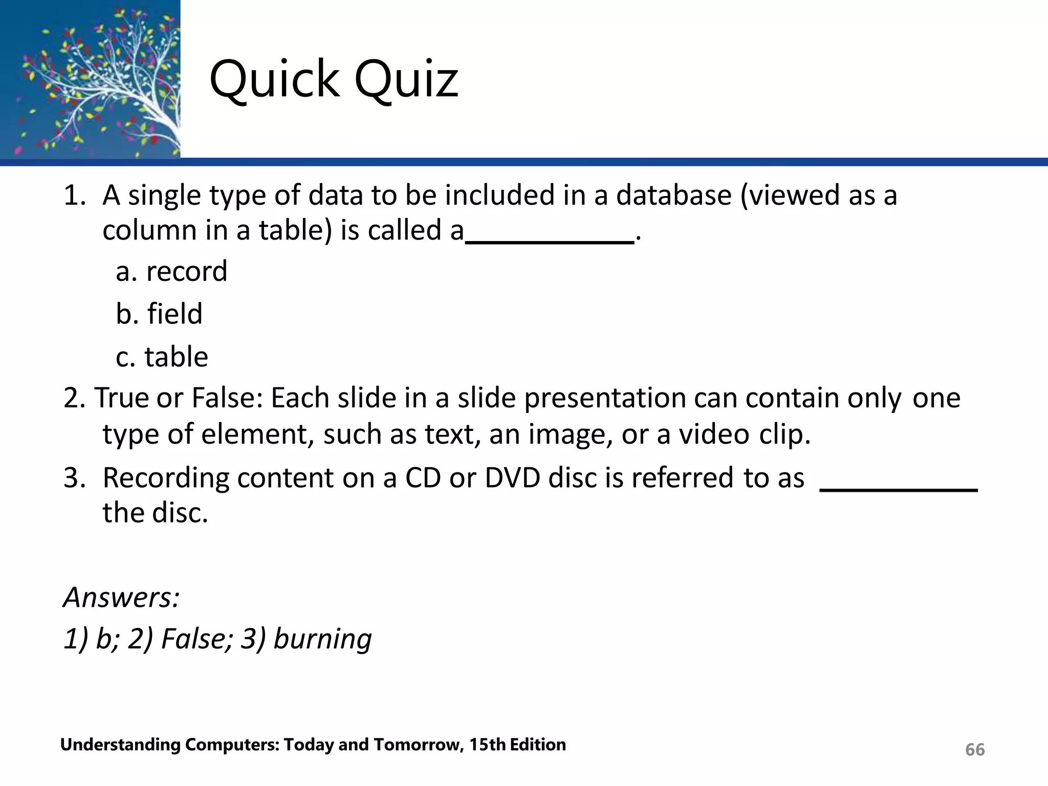 Quick Quiz
Understanding Computers: Today and Tomorrow, 15th Edition 66
1. A single type of data to be included in a database (viewed as a
column in a table) is called a .
a. record
b. field
c. table
2. True or False: Each slide in a slide presentation can contain only one
type of element, such as text, an image, or a video clip.
3. Recording content on a CD or DVD disc is referred to as
the disc.
Answers:
1) b; 2) False; 3) burning
 