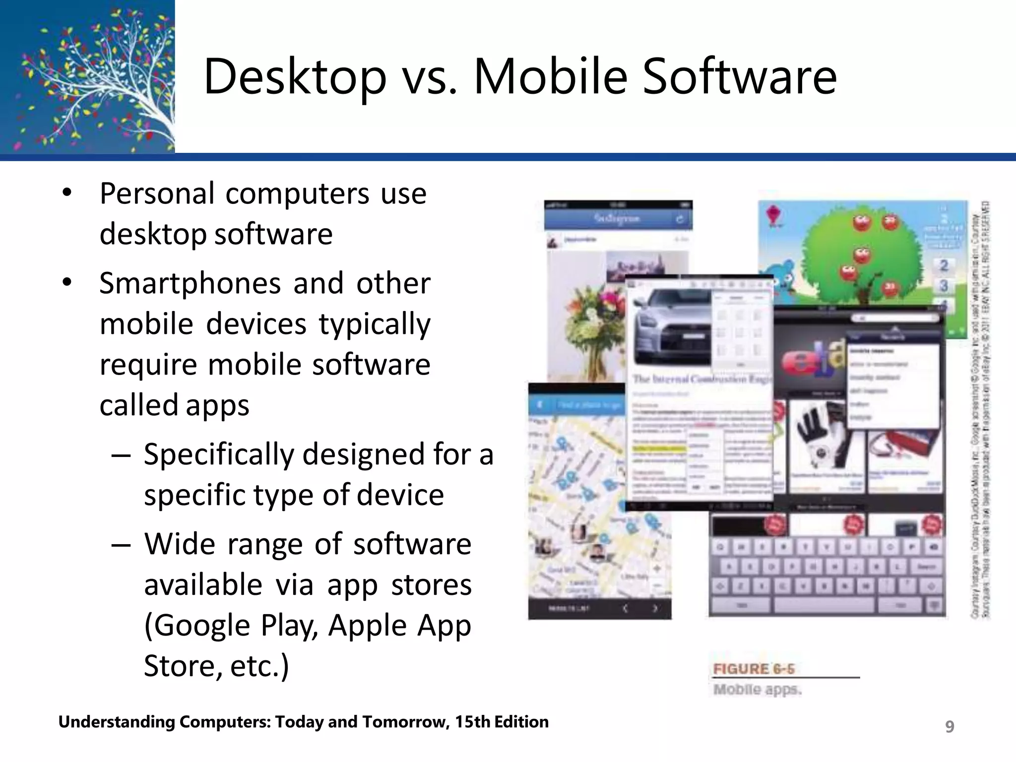 Desktop vs. Mobile Software
• Personal computers use
desktop software
• Smartphones and other
mobile devices typically
require mobile software
called apps
– Specifically designed for a
specific type of device
– Wide range of software
available via app stores
(Google Play, Apple App
Store, etc.)
Understanding Computers: Today and Tomorrow, 15th Edition 9
 
