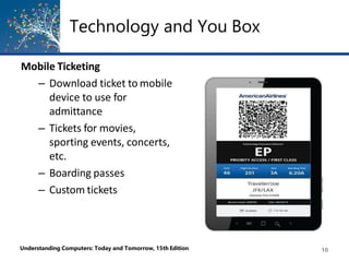 Technology and You Box
Mobile Ticketing
– Download ticket to mobile
device to use for
admittance
– Tickets for movies,
sporting events, concerts,
etc.
– Boarding passes
– Custom tickets
Understanding Computers: Today and Tomorrow, 15th Edition 10
 