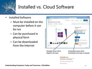 Installed vs. Cloud Software
• Installed Software
– Must be installed on the
computer before it can
be run
– Can be purchased in
physical form
– Can be downloaded
from the Internet
Understanding Computers: Today and Tomorrow, 15th Edition 11
 