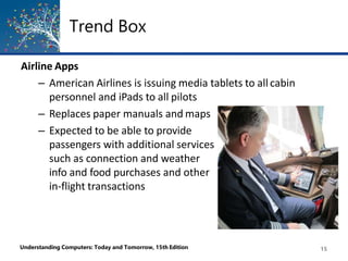 Trend Box
Airline Apps
– American Airlines is issuing media tablets to all cabin
personnel and iPads to all pilots
– Replaces paper manuals and maps
– Expected to be able to provide
passengers with additional services
such as connection and weather
info and food purchases and other
in-flight transactions
Understanding Computers: Today and Tomorrow, 15th Edition 15
 