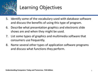 Learning Objectives
Understanding Computers: Today and Tomorrow, 15th Edition 3
5. Identify some of the vocabulary used with database software
and discuss the benefits of using this type of program.
6. Describe what presentation graphics and electronic slide
shows are and when they might be used.
7. List some types of graphics and multimedia software that
consumers use frequently.
8. Name several other types of application software programs
and discuss what functions they perform.
 