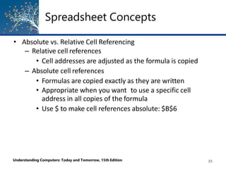 Spreadsheet Concepts
Understanding Computers: Today and Tomorrow, 15th Edition 35
• Absolute vs. Relative Cell Referencing
– Relative cell references
• Cell addresses are adjusted as the formula is copied
– Absolute cell references
• Formulas are copied exactly as they are written
• Appropriate when you want to use a specific cell
address in all copies of the formula
• Use $ to make cell references absolute: $B$6
 