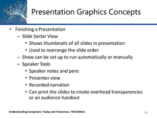 Presentation Graphics Concepts
Understanding Computers: Today and Tomorrow, 15th Edition 53
• Finishing a Presentation
– Slide Sorter View
• Shows thumbnails of all slides in presentation
• Used to rearrange the slide order
– Show can be set up to run automatically or manually
– Speaker Tools
• Speaker notes and pens
• Presenter view
• Recorded narration
• Can print the slides to create overhead transparencies
or an audience handout
 