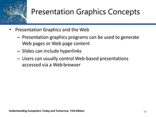 Presentation Graphics Concepts
Understanding Computers: Today and Tomorrow, 15th Edition 55
• Presentation Graphics and the Web
– Presentation graphics programs can be used to generate
Web pages or Web page content
– Slides can include hyperlinks
– Users can usually control Web-based presentations
accessed via a Web browser
 