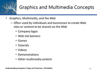 Graphics and Multimedia Concepts
Understanding Computers: Today and Tomorrow, 15th Edition 63
• Graphics, Multimedia, and the Web
– Often used by individuals and businesses to create Web
sites or content to be shared via the Web
• Company logos
• Web site banners
• Games
• Tutorials
• Videos
• Demonstrations
• Other multimedia content
 