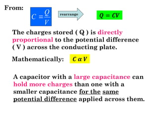 V
Q
C 
From:
The charges stored ( Q ) is directly
proportional to the potential difference
( V ) across the conducting plate.
rearrange
Mathematically:
A capacitor with a large capacitance can
hold more charges than one with a
smaller capacitance for the same
potential difference applied across them.
 