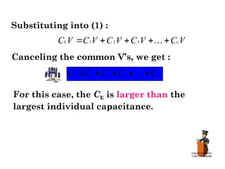 E 1 2 3 n
C V C V C V C V C V
    

Canceling the common V’s, we get :
E 1 2 3 n
C C C C C
    

Substituting into (1) :
For this case, the CE is larger than the
largest individual capacitance.
 