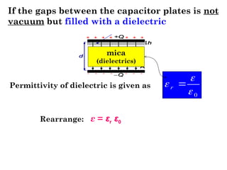If the gaps between the capacitor plates is not
vacuum but filled with a dielectric
ε = εr ε0
mica
(dielectrics)
0


 
r
Permittivity of dielectric is given as
Rearrange:
 