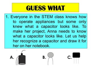 GUESS WHAT
1. Everyone in the STEM class knows how
to operate appliances but some only
knew what a capacitor looks like. To
make her project, Anna needs to know
what a capacitor looks like. Let us help
her recognize a capacitor and draw it for
her on her notebook.
 