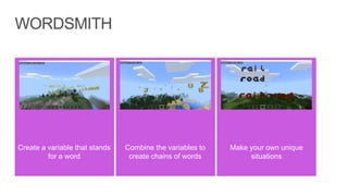 Make your own unique
situations
Combine the variables to
create chains of words
Create a variable that stands
for a word
 