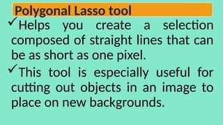 Helps you create a selection
composed of straight lines that can
be as short as one pixel.
This tool is especially useful for
cutting out objects in an image to
place on new backgrounds.
Polygonal Lasso tool
 