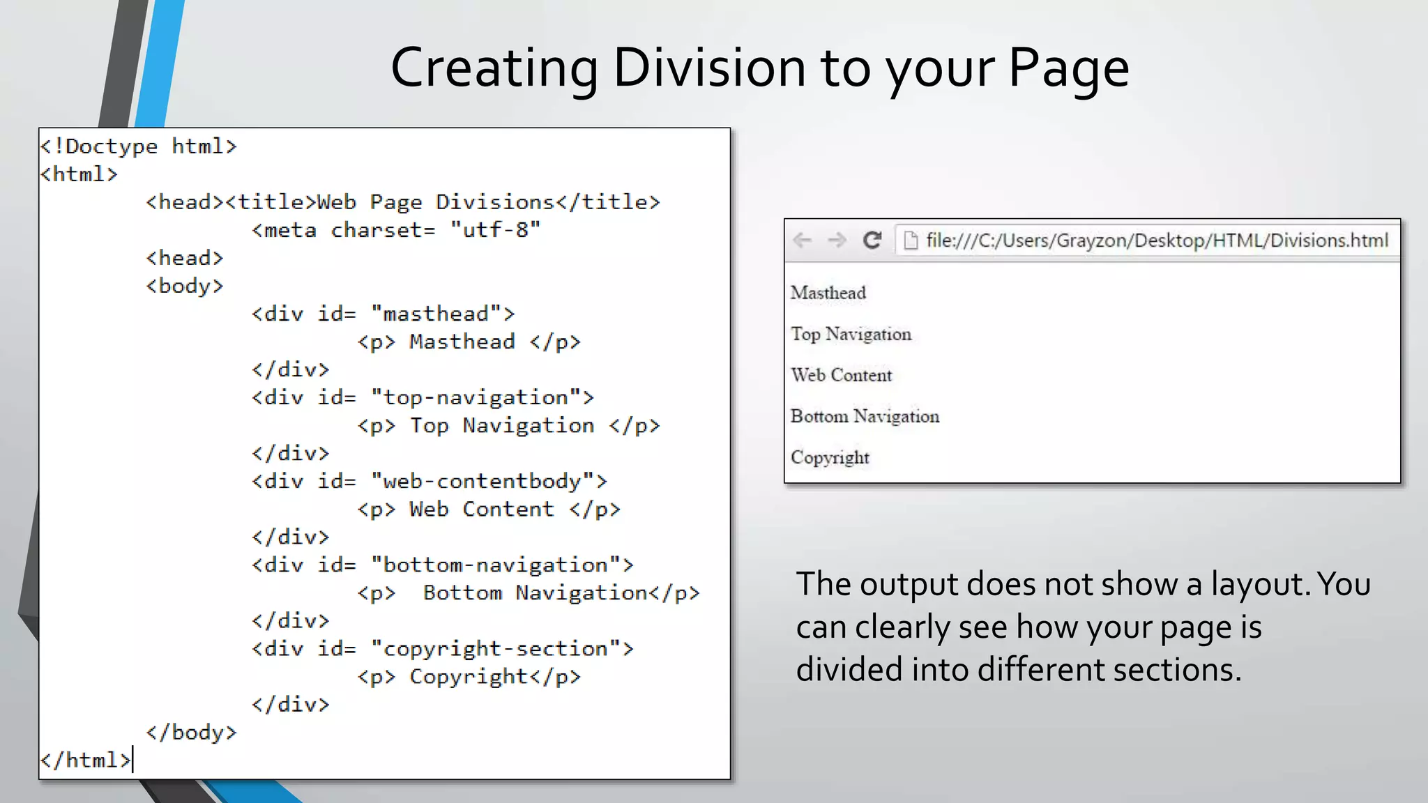 Creating Division to your Page
The output does not show a layout.You
can clearly see how your page is
divided into different sections.
 