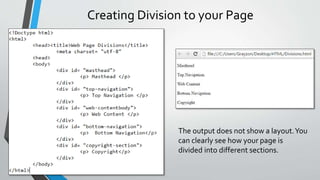 Creating Division to your Page
The output does not show a layout.You
can clearly see how your page is
divided into different sections.
 