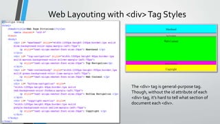 Web Layouting with <div>Tag Styles
The <div> tag is general-purpose tag.
Though, without the id attribute of each
<div> tag, it’s hard to tell what section of
document each <div>.
 