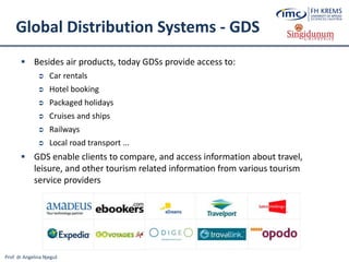 Prof. dr Angelina Njeguš
Global Distribution Systems - GDS
 Besides air products, today GDSs provide access to:
 Car rentals
 Hotel booking
 Packaged holidays
 Cruises and ships
 Railways
 Local road transport ...
 GDS enable clients to compare, and access information about travel,
leisure, and other tourism related information from various tourism
service providers
 