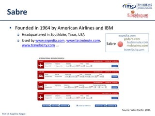 Prof. dr Angelina Njeguš
Sabre
 Founded in 1964 by American Airlines and IBM
 Headquartered in Southlake, Texas, USA
 Used by www.expedia.com, www.lastminute.com,
www.travelocity.com ...
Source: Sabre Pacific, 2013.
 