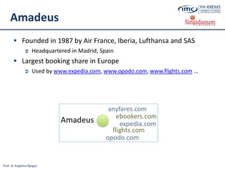 Prof. dr Angelina Njeguš
Amadeus
 Founded in 1987 by Air France, Iberia, Lufthansa and SAS
 Headquartered in Madrid, Spain
 Largest booking share in Europe
 Used by www.expedia.com, www.opodo.com, www.flights.com ...
 