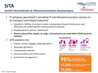 Prof. dr Angelina Njeguš
SITA
Société Internationale de Télécommunications Aéronautiques
 IT company specialized in providing IT and telecommunication services to
air transport and related industries
 Founded in 1949 by 11 airlines in order to bring about shared infrastructure cost
efficiencies by combining their communications networks
 Headquartered in Geneva, Switzerland
 Almost every airline, airport, air cargo, and aerospace use some kind of SITA’s business
solutions
 SITA solutions for:
 Airport, aircraft, baggage, cargo operations
 Passenger operations
 Transportation security
 Communications and infrastructure
 Commercial management ...
 