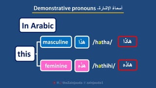 this
masculine /hatha/
feminine /hathihi/
‫هاذا‬‫هذا‬
ِ‫ه‬‫هذ‬ ‫هاذه‬
‫اإلشارة‬ ‫ءĬīأسماĬ-
In Arabic
 