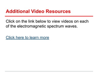 Additional Video Resources
Click on the link below to view videos on each
of the electromagnetic spectrum waves.
Click here to learn more
 