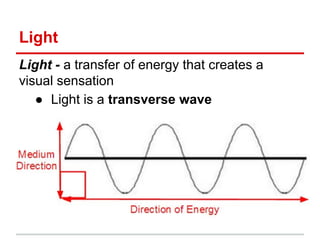 Light
Light - a transfer of energy that creates a
visual sensation
● Light is a transverse wave
 