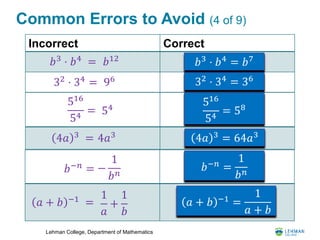 Lehman College, Department of Mathematics
Incorrect Correct
Common Errors to Avoid (4 of 9)
𝑏3
⋅ 𝑏4
= 𝑏12
32
⋅ 34
= 96
𝑏3
⋅ 𝑏4
= 𝑏7
32
⋅ 34
= 36
516
54
= 54
516
54
= 58
4𝑎 3
= 64𝑎3
4𝑎 3
= 4𝑎3
𝑏−𝑛 = 𝑏−𝑛
=
1
𝑏 𝑛
𝑎 + 𝑏 −1
=
1
𝑎
+
1
𝑏
𝑎 + 𝑏 −1
=
1
𝑎 + 𝑏
−
1
𝑏 𝑛
 