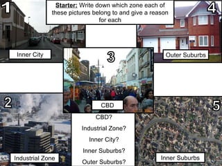 CBD? Industrial Zone? Inner City? Inner Suburbs? Outer Suburbs? Starter:  Write down which zone each of these pictures belong to and give a reason for each Inner City Outer Suburbs Industrial Zone Inner Suburbs CBD 1 2 5 4 3 