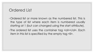 HTML Tags and Attributes Used in Ordered Lists | PDF