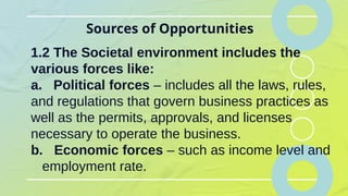 Sources of Opportunities
1.2 The Societal environment includes the
various forces like:
a. Political forces – includes all the laws, rules,
and regulations that govern business practices as
well as the permits, approvals, and licenses
necessary to operate the business.
b. Economic forces – such as income level and
employment rate.
 