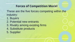 Forces of Competition Model
These are the five forces competing within the
industry:
1. Buyers
2. Potential new entrants
3. Rivalry among existing firms
4. Substitute products
5. Supplier
 