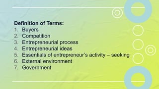 Definition of Terms:
1. Buyers
2. Competition
3. Entrepreneurial process
4. Entrepreneurial ideas
5. Essentials of entrepreneur’s activity – seeking
6. External environment
7. Government
 
