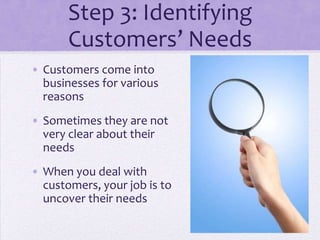 Step 3: Identifying
Customers’ Needs
• Customers come into
businesses for various
reasons
• Sometimes they are not
very clear about their
needs
• When you deal with
customers, your job is to
uncover their needs
 