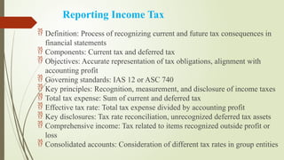 Reporting Income Tax
 Definition: Process of recognizing current and future tax consequences in
financial statements
 Components: Current tax and deferred tax
 Objectives: Accurate representation of tax obligations, alignment with
accounting profit
 Governing standards: IAS 12 or ASC 740
 Key principles: Recognition, measurement, and disclosure of income taxes
 Total tax expense: Sum of current and deferred tax
 Effective tax rate: Total tax expense divided by accounting profit
 Key disclosures: Tax rate reconciliation, unrecognized deferred tax assets
 Comprehensive income: Tax related to items recognized outside profit or
loss
 Consolidated accounts: Consideration of different tax rates in group entities
 