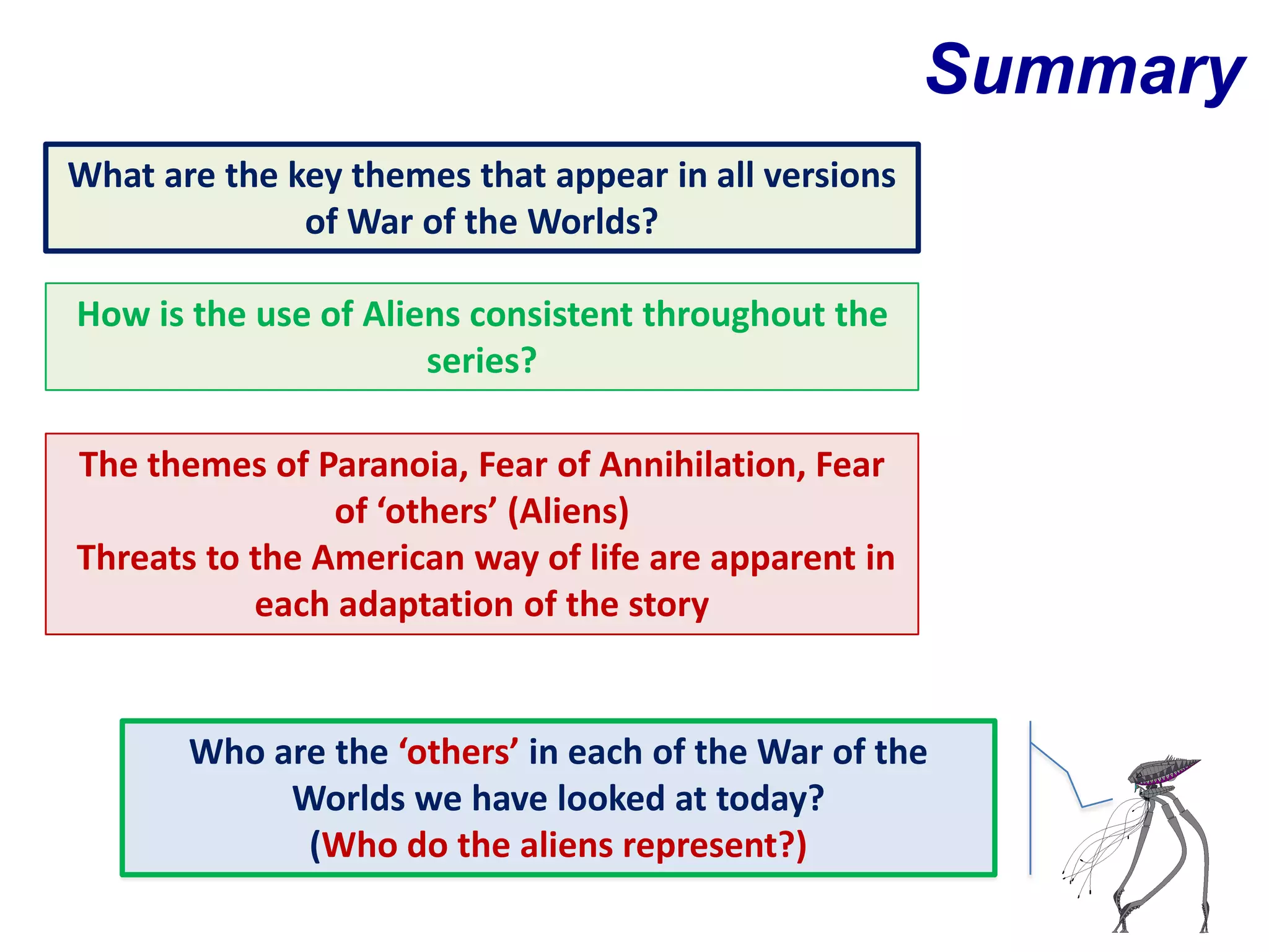 Summary
What are the key themes that appear in all versions
              of War of the Worlds?

How is the use of Aliens consistent throughout the
                      series?

The themes of Paranoia, Fear of Annihilation, Fear
                of ‘others’ (Aliens)
Threats to the American way of life are apparent in
           each adaptation of the story


       Who are the ‘others’ in each of the War of the
            Worlds we have looked at today?
             (Who do the aliens represent?)
 