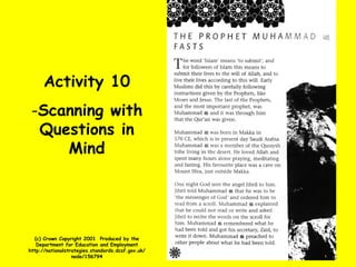 Activity 10 Scanning with Questions in Mind (c) Crown Copyright 2001  Produced by the Department for Education and Employment http://nationalstrategies.standards.dcsf.gov.uk/node/156794 