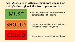 Peer Assess each others storyboards based on
today’s aims (give 2 tips for improvements)
• be able to draw out a storyboard that
demonstrates edit planning
• Be able to include interesting editing
techniques in your storyboard
• create a near- professional storyboard
MUST
SHOULD
COULD
 