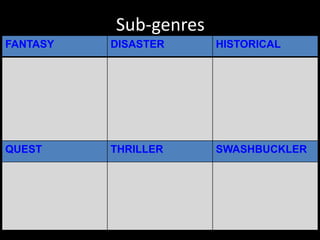 Sub-genres
FANTASY DISASTER HISTORICAL
QUEST THRILLER SWASHBUCKLER
 