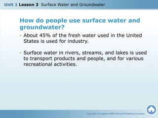 How do people use surface water and
groundwater?
• About 45% of the fresh water used in the United
States is used for industry.
• Surface water in rivers, streams, and lakes is used
to transport products and people, and for various
recreational activities.
Copyright © Houghton Mifflin Harcourt Publishing Company
Unit 1 Lesson 3 Surface Water and Groundwater
 
