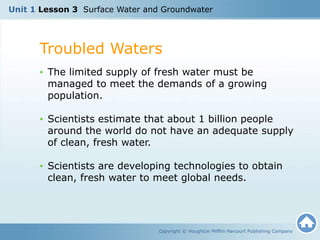 Unit 1 Lesson 3 Surface Water and Groundwater
Troubled Waters
Copyright © Houghton Mifflin Harcourt Publishing Company
• The limited supply of fresh water must be
managed to meet the demands of a growing
population.
• Scientists estimate that about 1 billion people
around the world do not have an adequate supply
of clean, fresh water.
• Scientists are developing technologies to obtain
clean, fresh water to meet global needs.
 