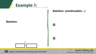 Example 1:
Solution:
|
|
Racel N. Pilloses, MSc
Notre Dame of Marbel University – IBED SHS
System of Equations involving Lines and Circles
Solution: (continuation…)
@
@
 