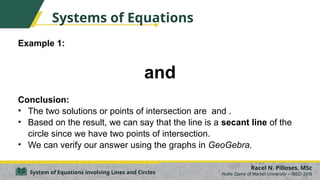 Systems of Equations
Example 1:
and
Conclusion:
• The two solutions or points of intersection are and .
• Based on the result, we can say that the line is a secant line of the
circle since we have two points of intersection.
• We can verify our answer using the graphs in GeoGebra.
Racel N. Pilloses, MSc
Notre Dame of Marbel University – IBED SHS
System of Equations involving Lines and Circles
 