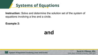Systems of Equations
Instruction: Solve and determine the solution set of the system of
equations involving a line and a circle.
Example 2:
and
Racel N. Pilloses, MSc
Notre Dame of Marbel University – IBED SHS
System of Equations involving Lines and Circles
 