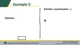 Example 2:
Solution:
Racel N. Pilloses, MSc
Notre Dame of Marbel University – IBED SHS
System of Equations involving Lines and Circles
Solution: (continuation…)
@
 