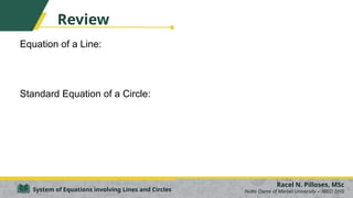Review
Equation of a Line:
Standard Equation of a Circle:
Racel N. Pilloses, MSc
Notre Dame of Marbel University – IBED SHS
System of Equations involving Lines and Circles
 