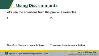Using Discriminants
Let’s use the equations from the previous examples.
Racel N. Pilloses, MSc
Notre Dame of Marbel University – IBED SHS
System of Equations involving Lines and Circles
1.
Therefore, there are two solutions.
2.
Therefore, there is one solution.
 